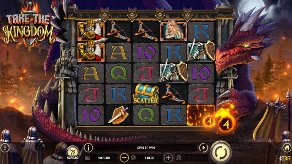 Enter a distant kingdom ruled by an immense and powerful dragon. TAKE THE KINGDOM, the highly popular Betsoft game, delivers an explosive gaming experience that invites gamers to be brave enough to gather an army of their own and take on the challenge of conquering vast riches guarded by a fearsome beast.